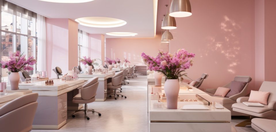 Luxury beauty salon interior, modern nail and manicure service s Luxury beauty salon interior, modern nail and manicure service shop, generative AI. Trendy studio, clean empty beauty salon or store. Fashion, glamour and manicure concept.