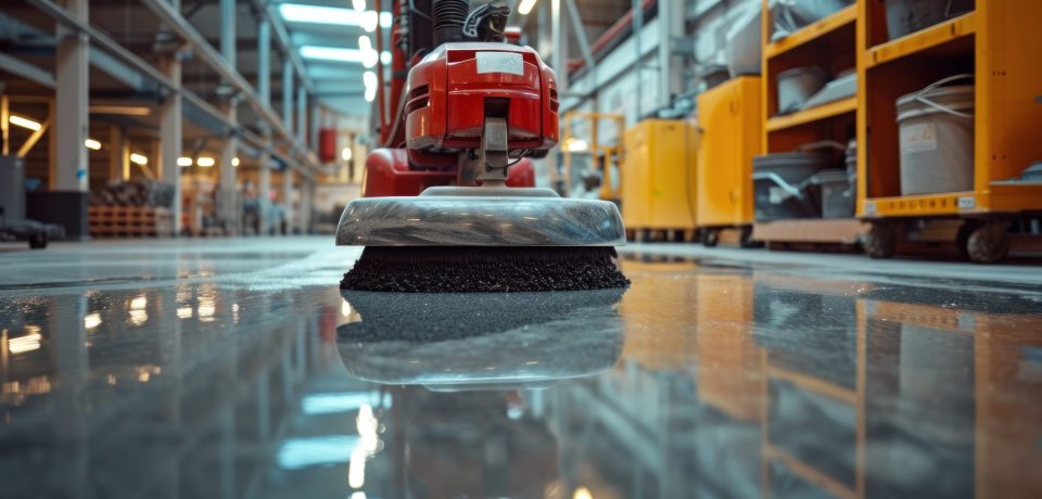 A concrete surface polisher before applying epoxy or polyurethane A concrete surface polisher before applying epoxy or polyurethane and epoxy floors using a high-speed floor polisher or surface cleaning machine in a factory.
